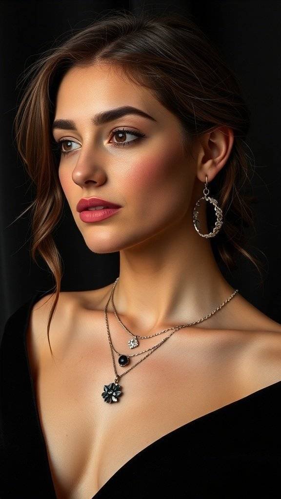 A collection of minimalist jewelry including silver necklaces with charms and a single gold earring on a black background.