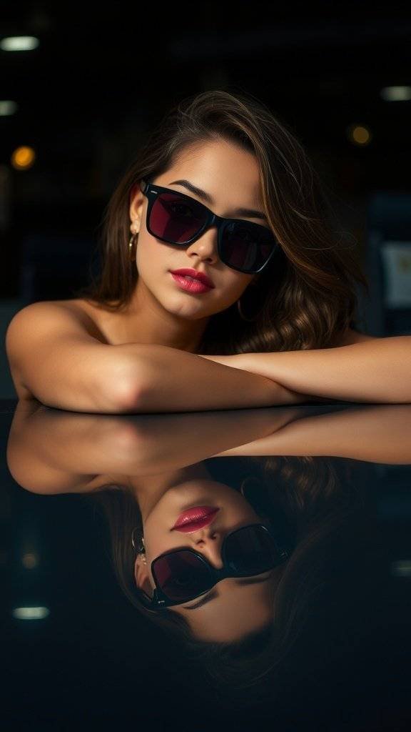 A pair of sleek sunglasses on a reflective surface with a dark blue background.