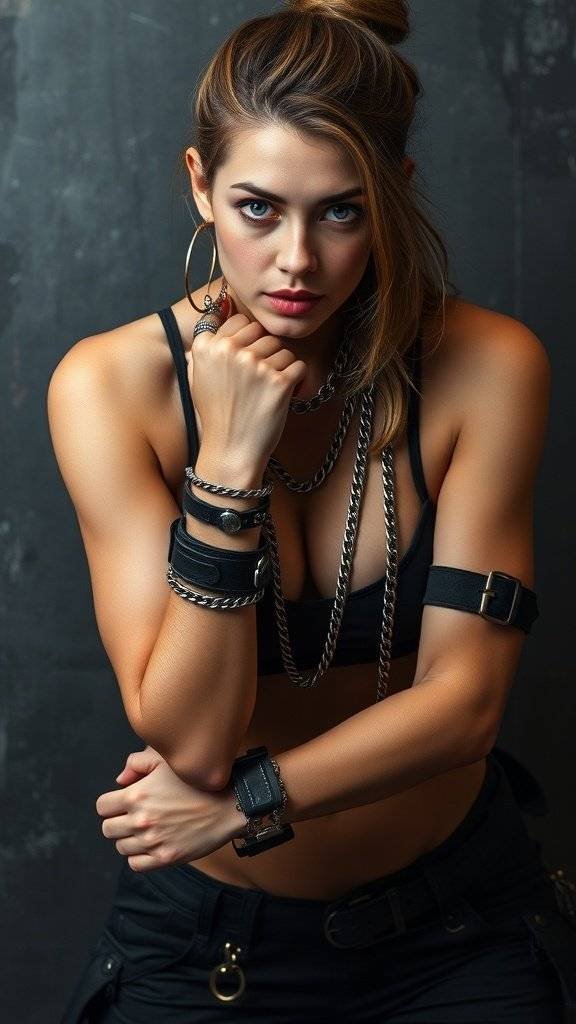 A collection of combat-inspired accessories including chains and a black bracelet.