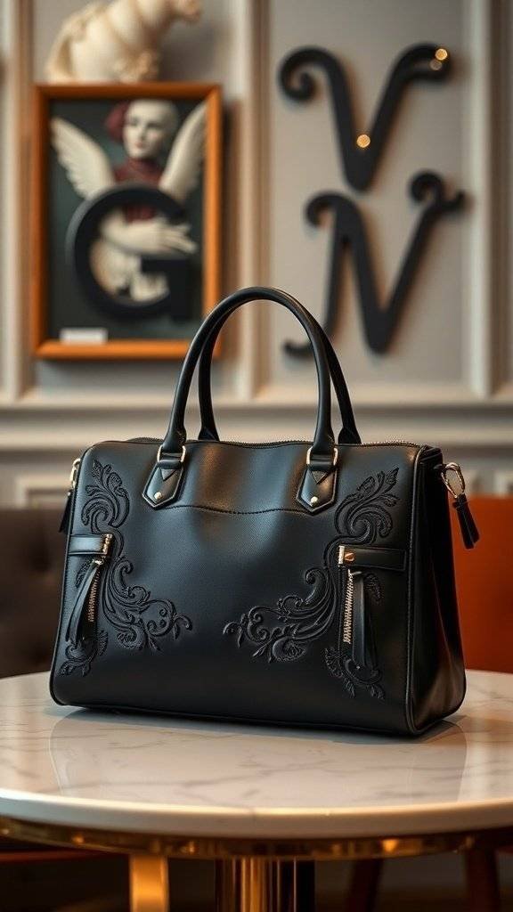 A sleek black handbag with intricate designs, placed on a marble table in a stylish setting.