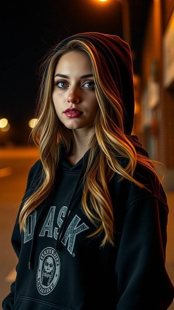 A black graphic hoodie with the word 'DARK' displayed prominently.