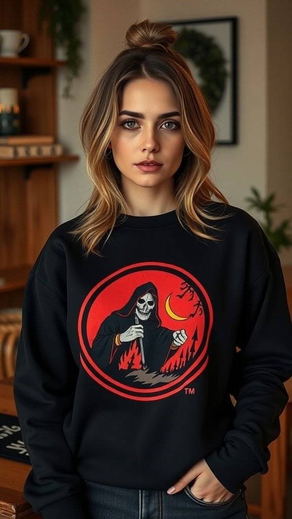 A black graphic sweatshirt hanging on a clothes hanger against a cozy background.
