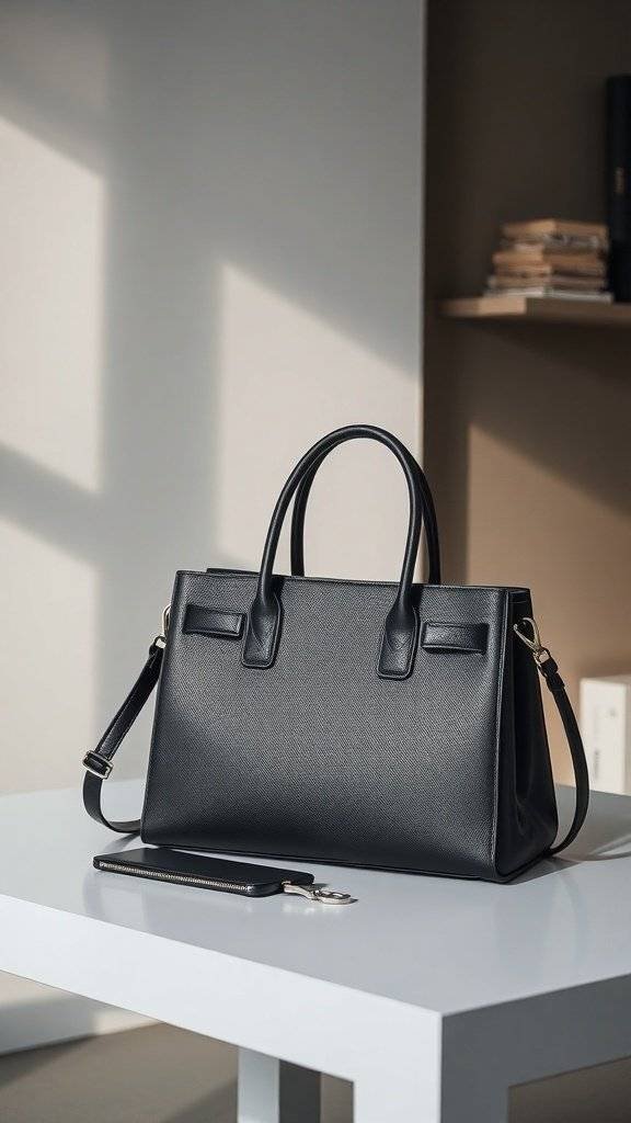A sleek black structured handbag with two handles and a detachable strap, placed on a white table.