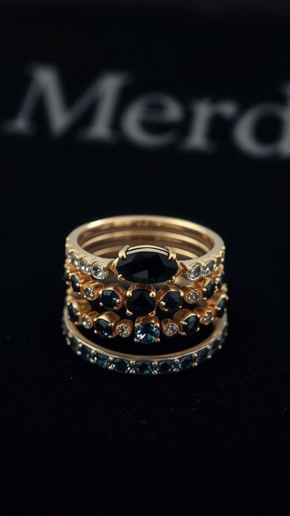 A collection of layered rings featuring dark stones and sparkling accents.