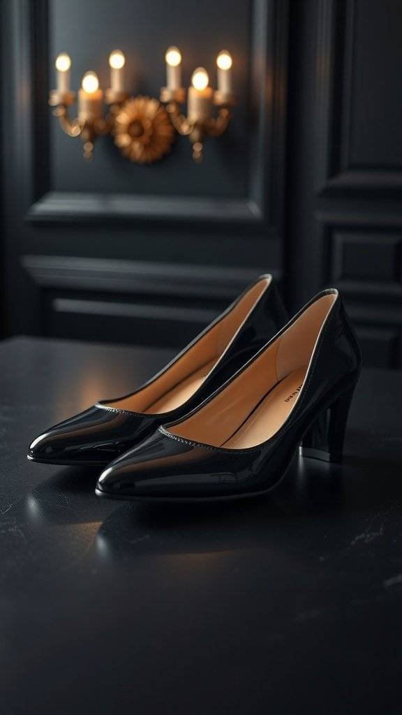 A pair of classic black pumps on a dark surface with a candlelit background.