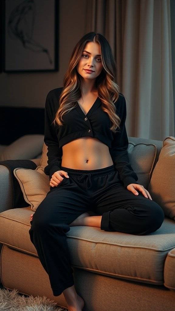 A black loungewear outfit displayed on a couch, showcasing comfort and style.