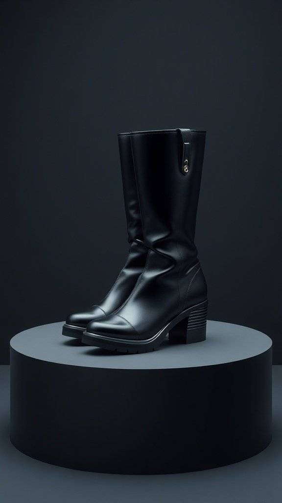 A pair of sleek black boots with metallic accents displayed on a pedestal against a dark background.