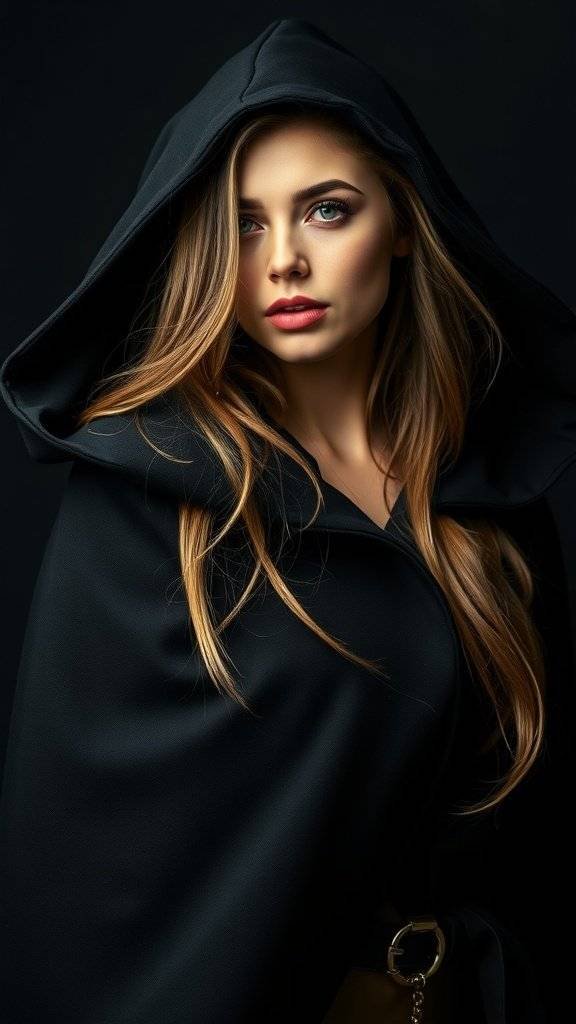 A tailored black cloak with a dramatic hood displayed on a mannequin.