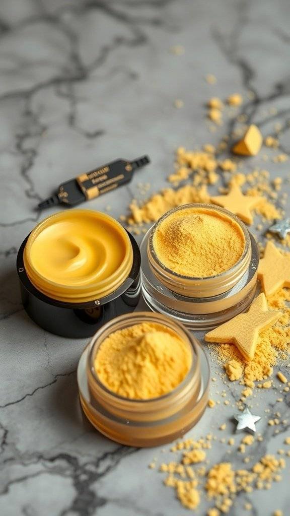 An assortment of yellow makeup products including cream and powder in jars, with some star-shaped decorations.