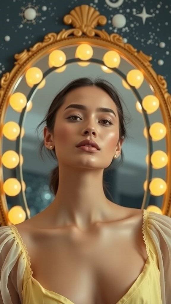 A person applying makeup in front of a round mirror with a golden background.