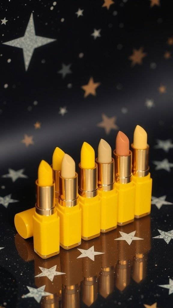 An assortment of butter yellow lipsticks on a starry background