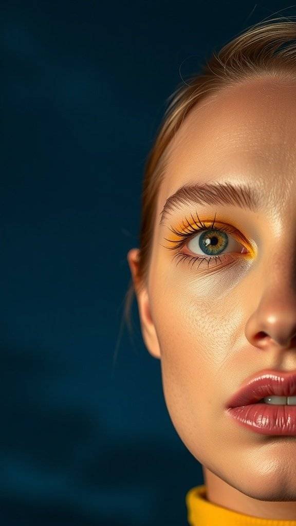 Close-up of a model with butter yellow eyeliner, showcasing bold eye makeup against a dark background.