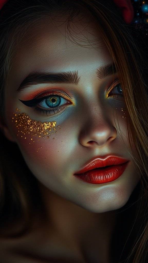 A close-up of a model with butter yellow makeup, featuring golden glitter accents around the eyes.