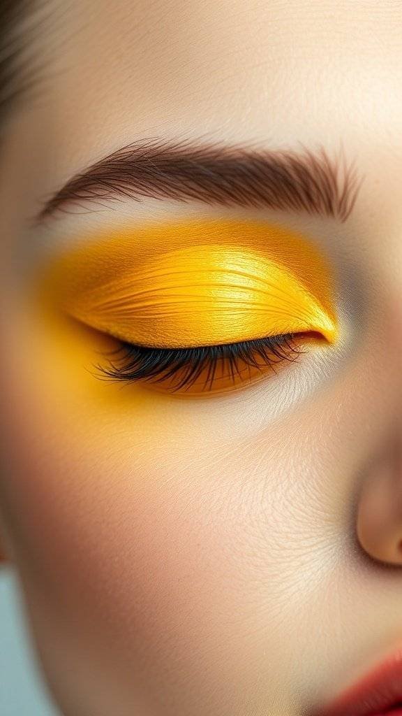 Close-up of a model's eye with vibrant butter yellow eyeshadow and defined lashes.