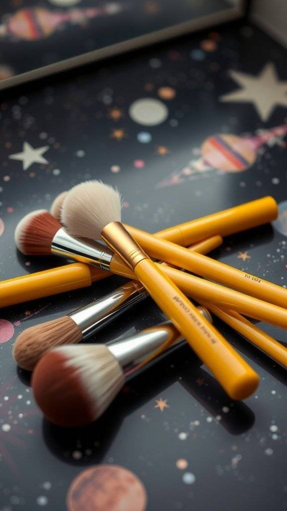 A collection of yellow-handled makeup brushes on a vanity with a golden mirror and soft lighting.
