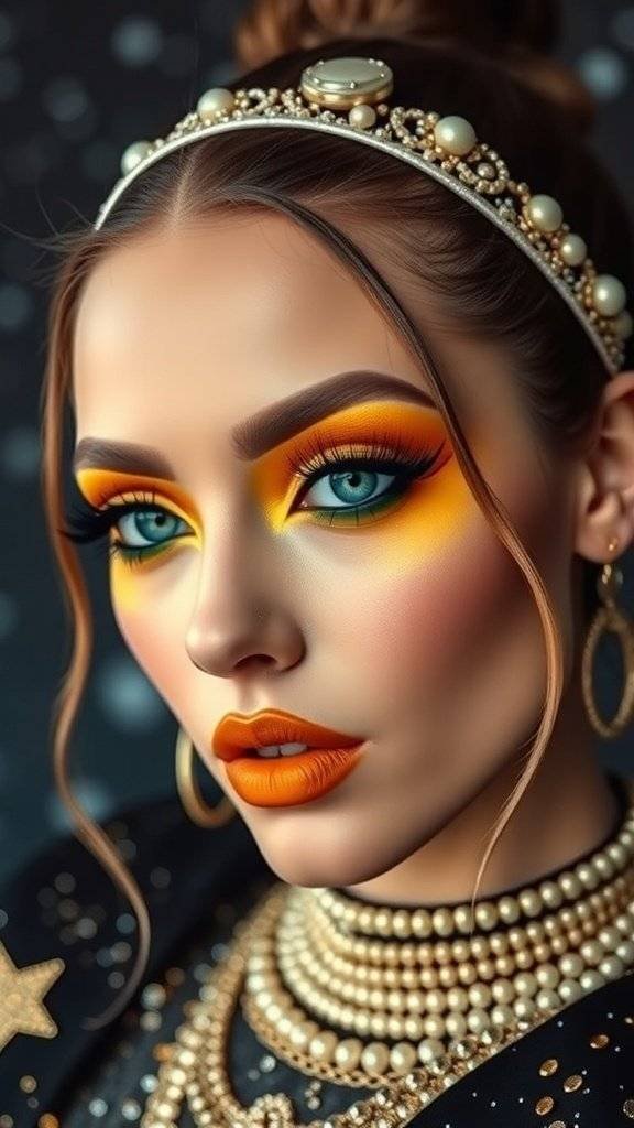 A model with butter yellow makeup, featuring bright yellow eyeshadow and lipstick, wearing a yellow outfit with statement earrings.