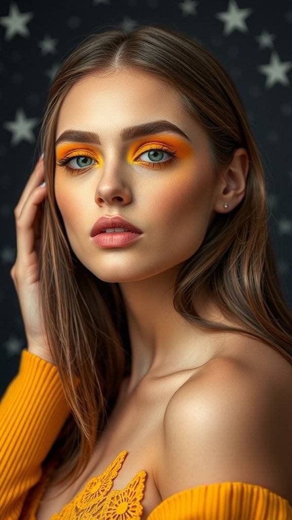 Model showcasing a butter yellow smokey eye makeup look with bright yellow eyeshadow and a natural lip color.