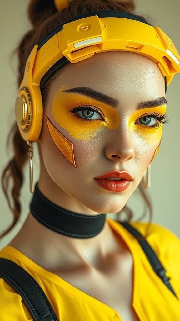 A model showcasing a futuristic makeup look with butter yellow accents, featuring bold eye shadow and a matching outfit.