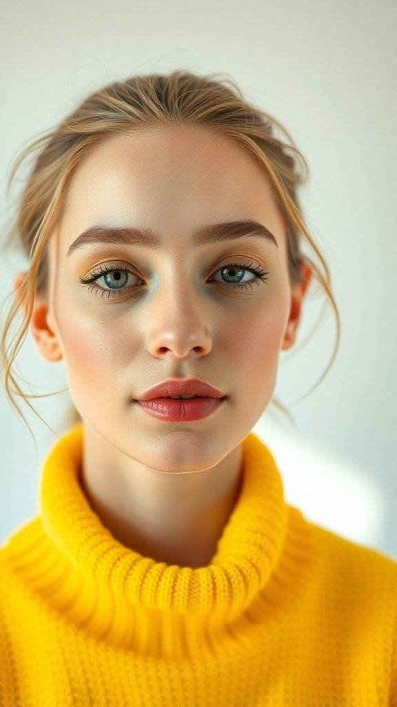 A model with soft butter yellow makeup and a cozy yellow turtleneck, showcasing a fresh and bright look.