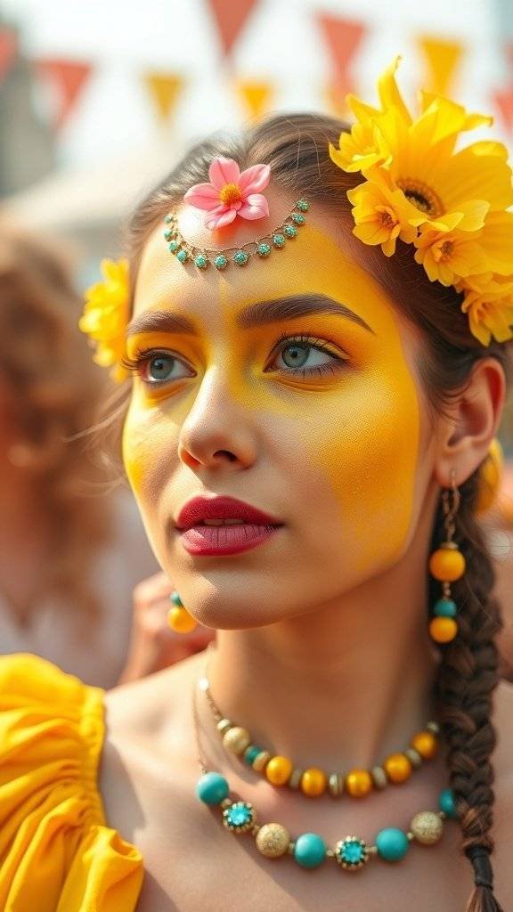 A woman with butter yellow face paint, floral accessories, and colorful jewelry at a festival.