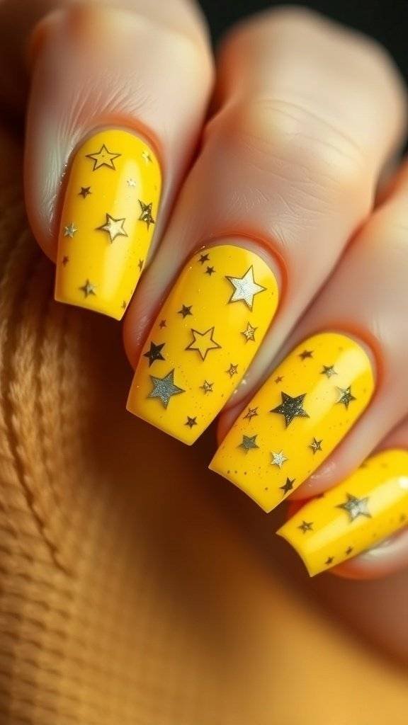 Nail art featuring butter yellow polish with silver star designs.