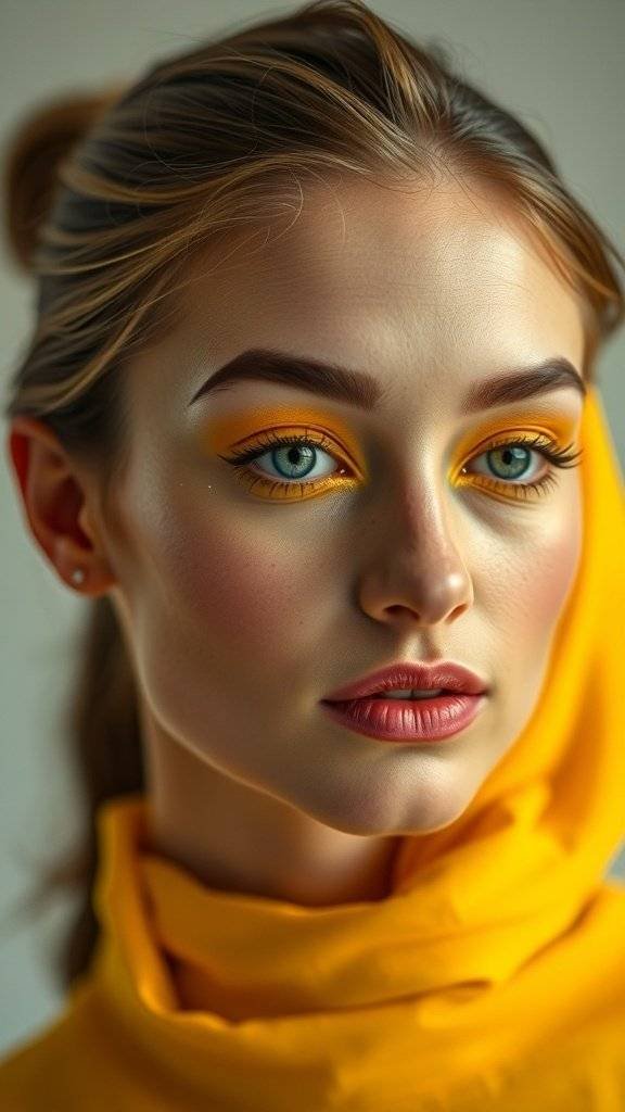 A close-up of a model showcasing a halo eye makeup look with butter yellow eyeshadow, featuring blue eyes and a soft lip color.