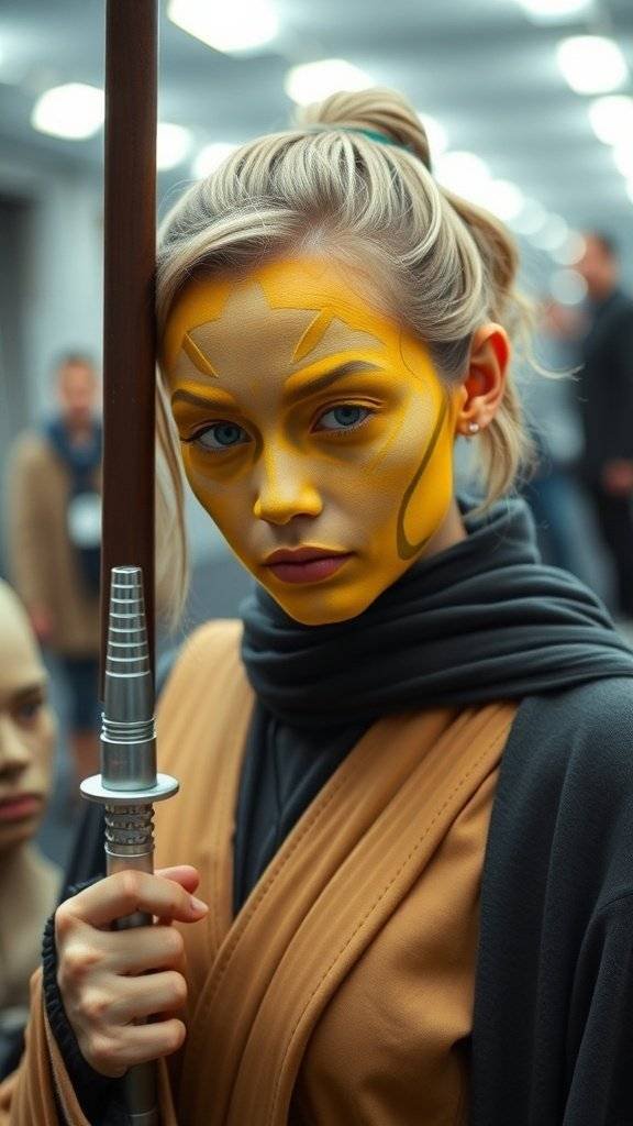 A character with butter yellow makeup, wearing a Jedi-inspired outfit, showcasing a confident expression.