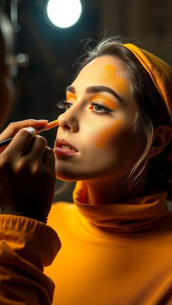 A makeup artist applying butter yellow contour on a model's face.
