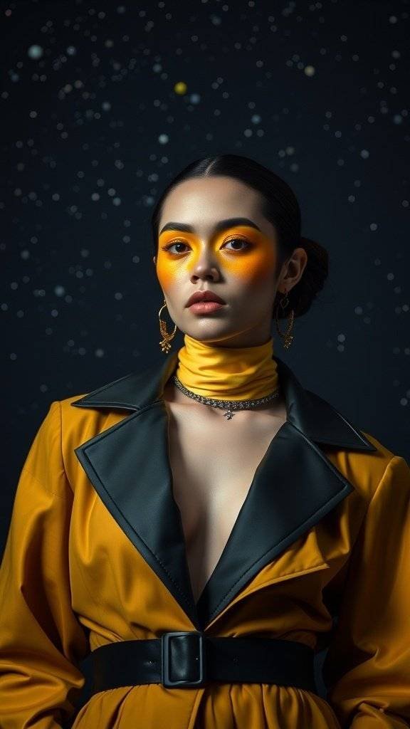 A model with butter yellow makeup and a stylish outfit against a starry background.
