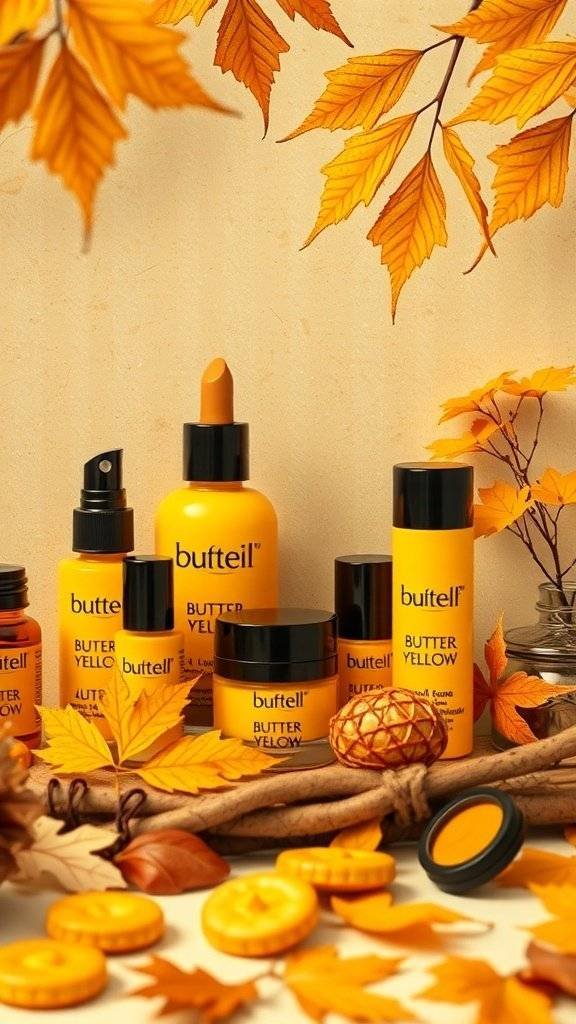 A collection of butter yellow makeup products surrounded by autumn leaves and decorative elements.