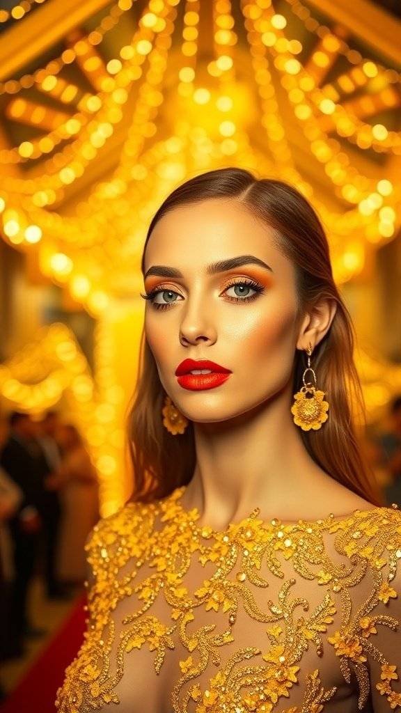 A glamorous individual with butter yellow makeup and bold red lips on a red carpet.
