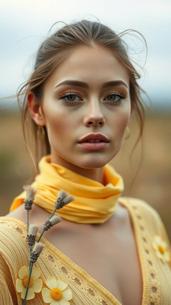 A model with a butter yellow scarf and flowers, showcasing a soft makeup look.