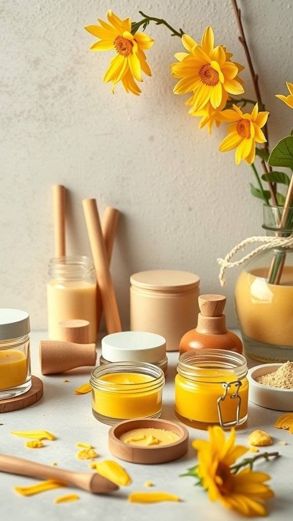 An array of butter yellow makeup ingredients and sunflowers, showcasing DIY beauty products.