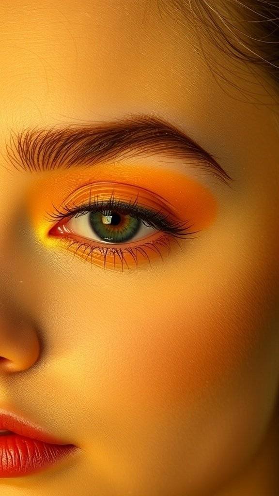 Close-up of a model's eye with butter yellow makeup, showcasing vibrant colors and a soft glow.