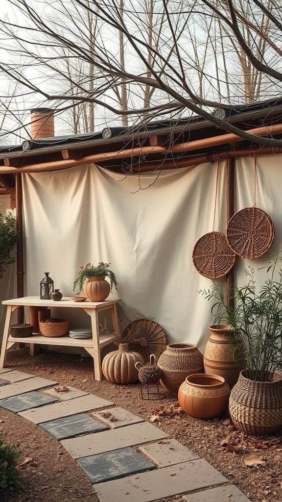 A cozy outdoor space with a table, woven baskets, and terracotta pots, showcasing earthy tones and natural elements.