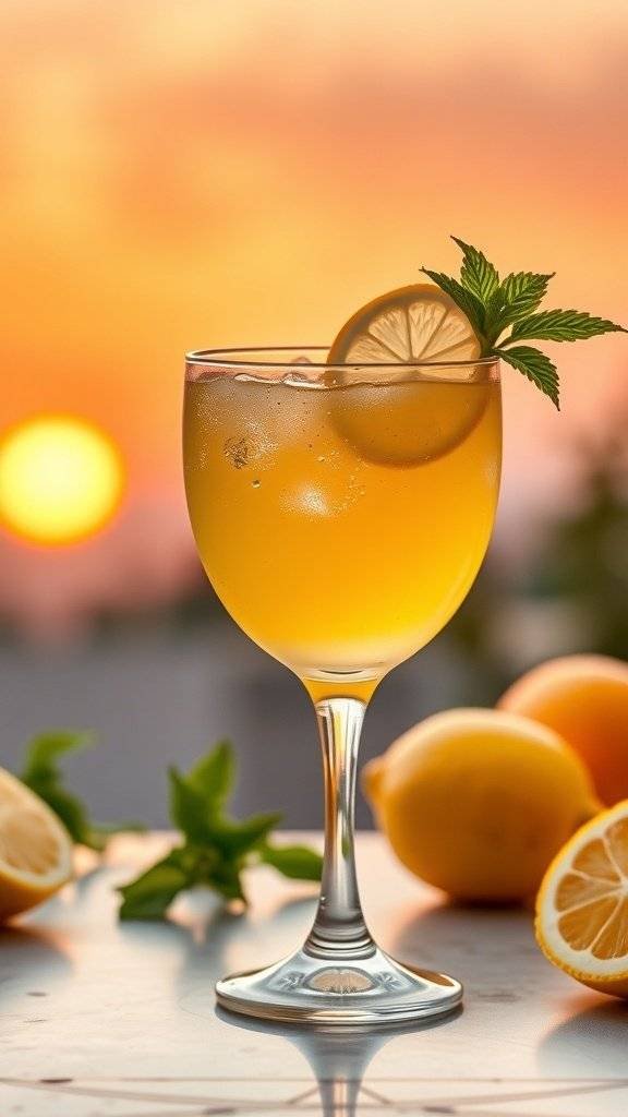 A refreshing Butter Yellow Cocktail with lemon and mint, set against a beautiful sunrise.