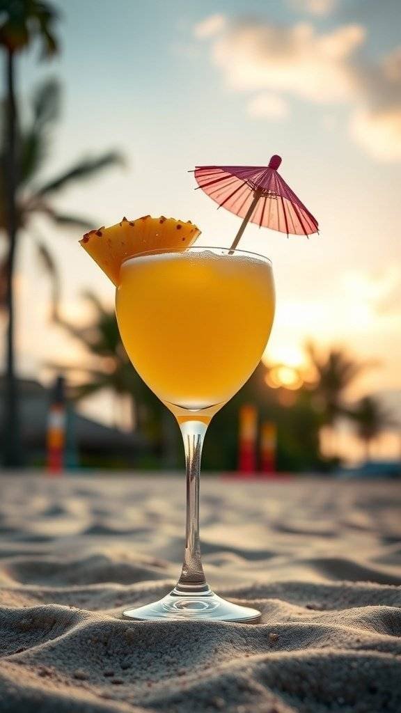 A Butter Yellow Cocktail with a slice of pineapple and a pink umbrella, set against a tropical sunrise.