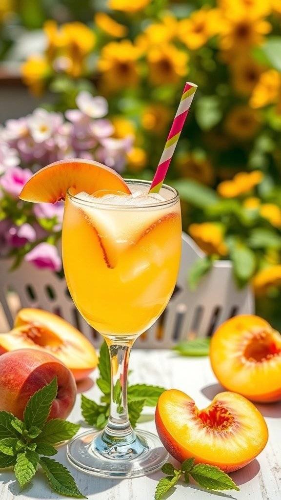 A refreshing peach cocktail with a slice of peach and mint leaves, surrounded by fresh peaches and flowers.