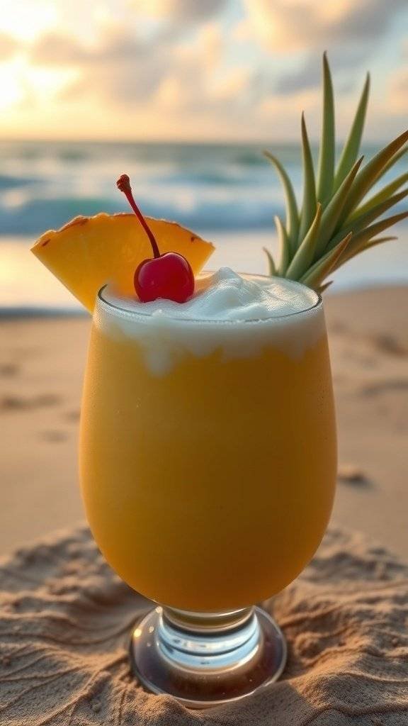 A creamy butter yellow piña colada cocktail with a cherry and pineapple slice, set against a beach sunset.