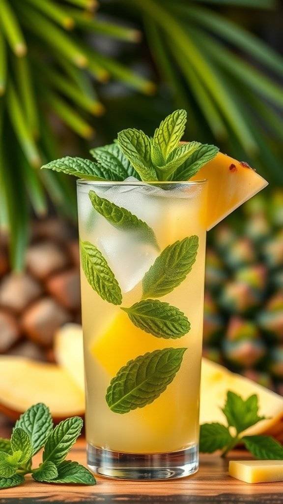 A refreshing Butter Yellow Pineapple Mojito cocktail garnished with mint leaves and pineapple.