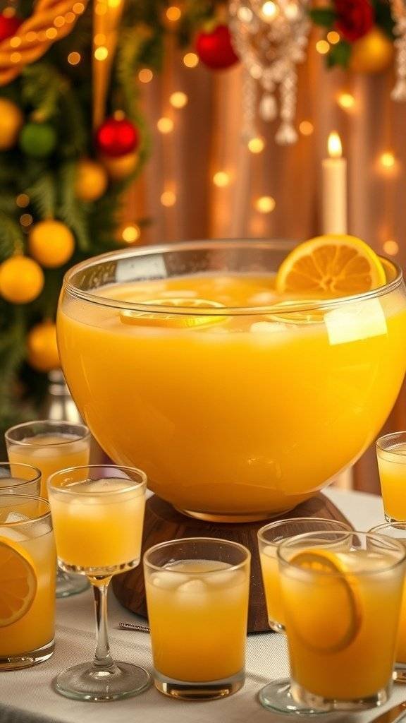 A vibrant bowl of Butter Yellow Sunrise Punch with glasses around it, garnished with orange slices.