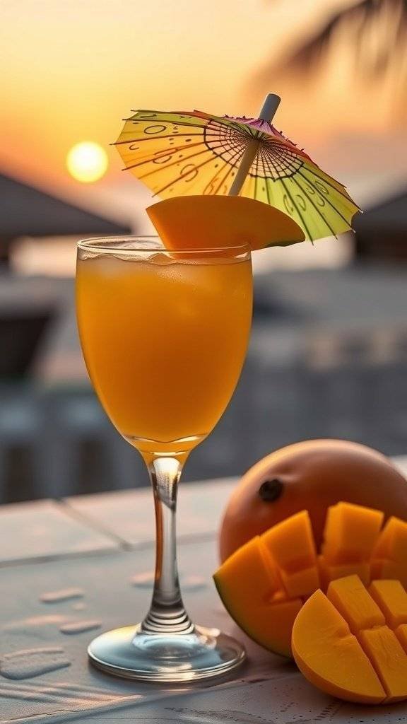 A vibrant butter yellow cocktail with a small umbrella, garnished with mango slices, set against a beautiful sunrise.
