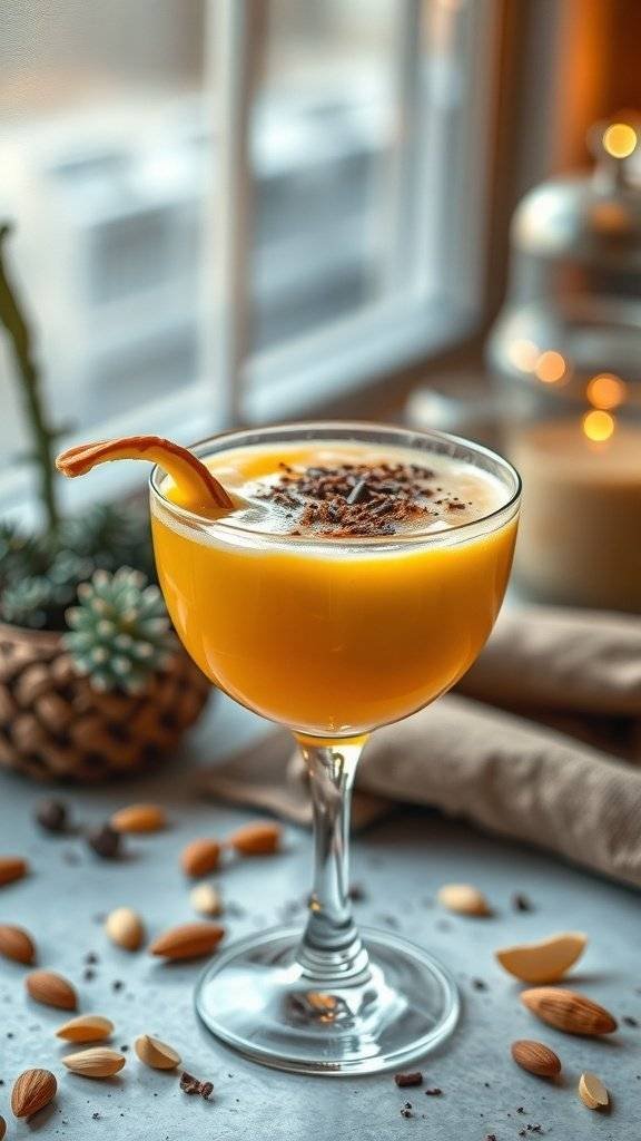 A vibrant yellow cocktail garnished with almonds and chocolate shavings, set against a cozy background.