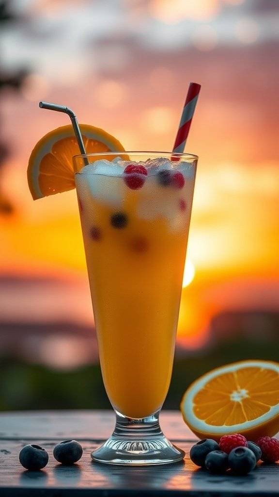 A refreshing cocktail with a bright yellow hue, garnished with fruit, set against a sunset backdrop.