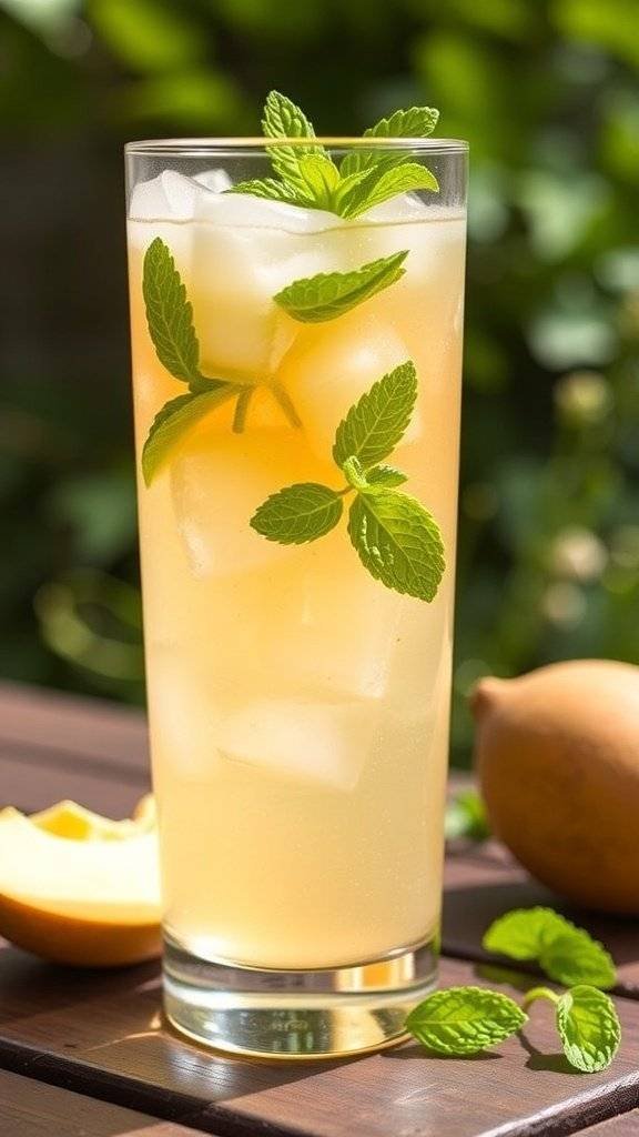 A refreshing honeydew spritzer cocktail in a tall glass with mint leaves and honeydew slices.