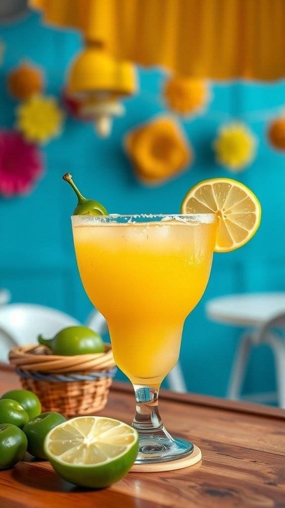 A vibrant yellow margarita garnished with lime and jalapeño slices, set against a colorful background.