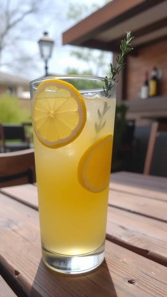 A refreshing glass of honey lemonade with lemon slices and herbs