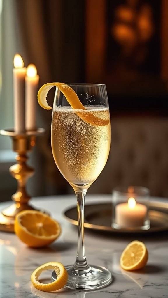 A glass of champagne cocktail with lemon twist garnish, surrounded by lemon slices and candles.