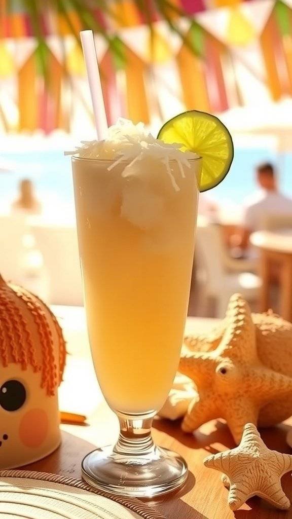 A refreshing Butter Yellow Coconut Breeze cocktail with a lime slice and coconut rim, set against a sunny beach background.