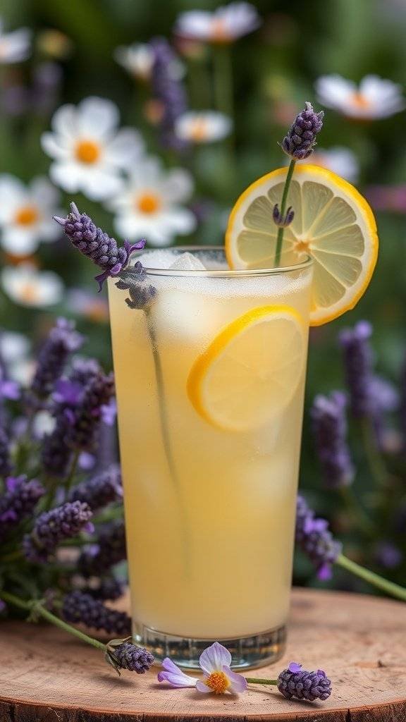 A refreshing glass of lavender lemonade garnished with lemon slices and lavender sprigs, surrounded by flowers.